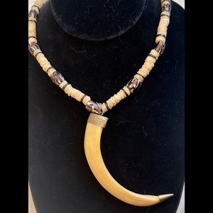 Vintage Seashell & HAND CARVED BOVINE TOOTH PENDANT